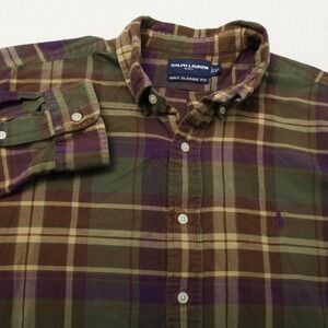 Ralph Lauren Golf Shirt Mens XL Green Brown Purple Plaid Button Down Classic Fit